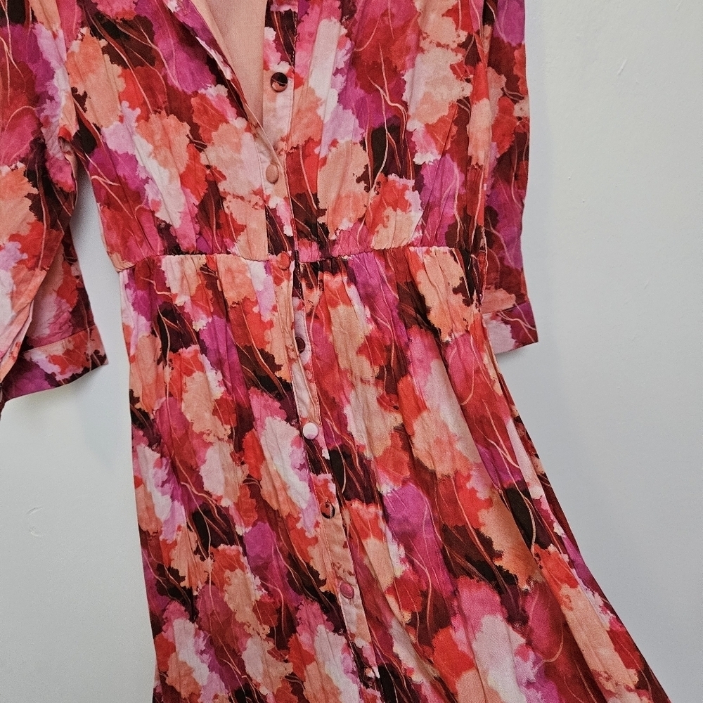 Lemoncurve Sz L Floral Coastal Tiered Flowy Maxi Button DownDress Quater Sleeve - Picture 7 of 16